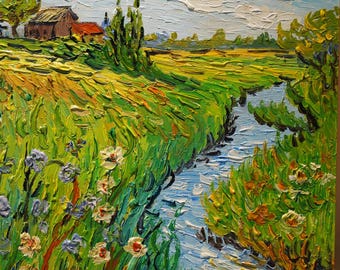 Hand-Painted Van Gogh Style Creek Oil Painting: Impressionist Art 24x20 Inch