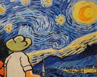 Hand-Painted Van Gogh Style Starry Night Oil Painting on Canvas (20x24 inch)