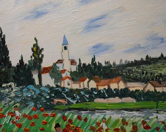 Van Gogh Style Village Oil Painting: Hand-Painted Impressionist Art 24x20