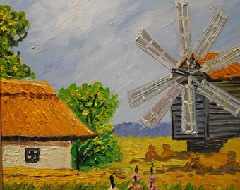 Hand-Painted Windmill Oil Painting: Van Gogh Style Impressionist Art (20x24 INCH Canvas)