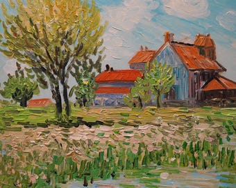 Hand-Painted Van Gogh Style Farmhouse Oil Painting on Canvas 24x20