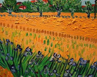 Van Gogh Style Oil Painting: Arles with Irises, Hand-Painted Canvas 20x24