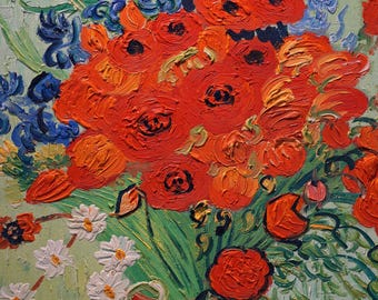 Hand-Painted Red Poppies Oil Painting: Van Gogh Style Canvas Art (20x24 inch)