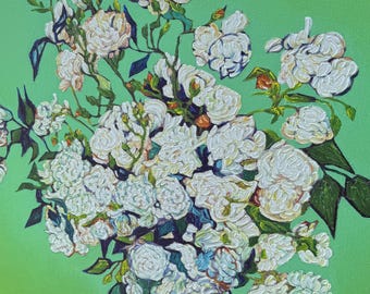 Print White Rose on Canvas - Van Gogh Style 24x20