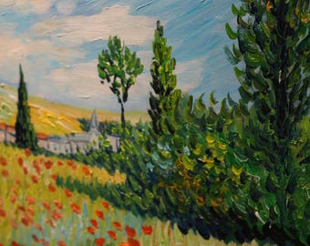 Hand-Painted Poppy Field Canvas: Van Gogh Style Impressionist Art (24x20 Inch)