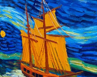 Van Gogh Style Sailboat under the night 20X24 inch Hand Painted