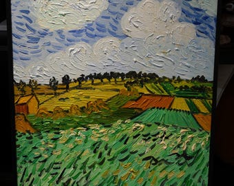 Hand-Painted Van Gogh Style Canvas Art: Green Fields Impressionist Painting 24x20