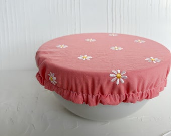 Embroidered Daisies (Pink) Banneton Basket/Bowl Cover, Reusable Bowl Covers, Bread Proofing Cover, Washable, Mother's Day, Starter Jar Cover