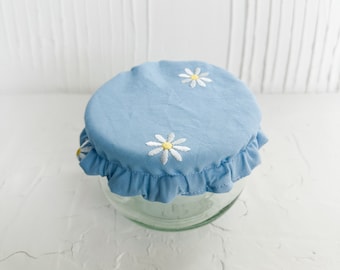 Embroidered Daisies (Blue) Banneton Basket/Bowl Cover, Reusable Bowl Covers, Bread Proofing Cover, Washable, Mother's Day, Starter Jar Cover