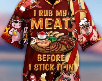 BBQ Lovers Hawaiian Shirt - Casual Pig I Rub My Meat Design - Unique Cookout Apparel - Perfect Grilling Gift for Him