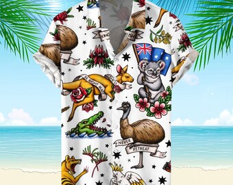 Kangaroo And Koala Tattoo Print Hawaiian Shirt, Exotic Animal Hawaiian Shirt, Colorful Unisex Aloha Shirt, Australian Animal Lover Gift