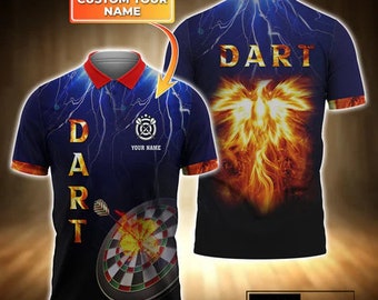 Personalized Name Dart Shirt, Custom Dart Player Polo Shirt, Phoenix & Thunder Design, Perfect for Dart Players, Unique Sports Gift