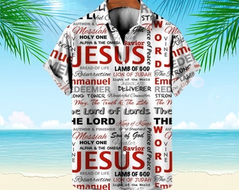 Names of Jesus Christ Hawaiian Shirt, Unique Christian Print, Casual Spiritual Wear, Religious Gift for Him