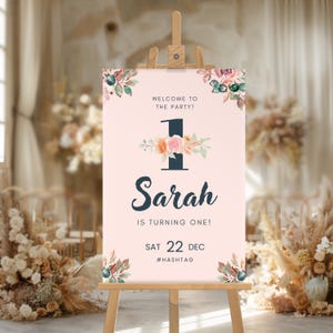 Cartello di benvenuto modificabile per il primo compleanno - Decorazioni per la festa del primo compleanno - Download digitale - Poster di invito per bambini con fiori rosa
