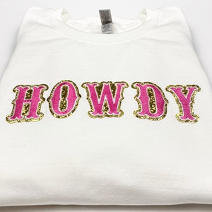 Sudadera con parche de purpurina Howdy / Sudadera de cuello redondo vaquera campestre con letras brillantes COSIDAS / Howdy Western Wear