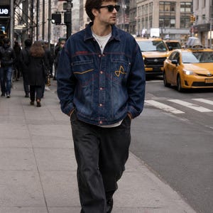 May include: A dark blue denim jacket featuring a fold-down collar, long sleeves, and a button-up front. The jacket displays red contrast stitching, a yellow embroidered graphic on the chest, and a small red logo text above the right pocket.