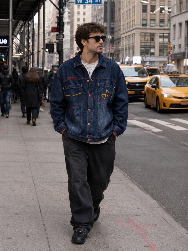 May include: A dark blue denim jacket featuring a fold-down collar, long sleeves, and a button-up front. The jacket displays red contrast stitching, a yellow embroidered graphic on the chest, and a small red logo text above the right pocket.