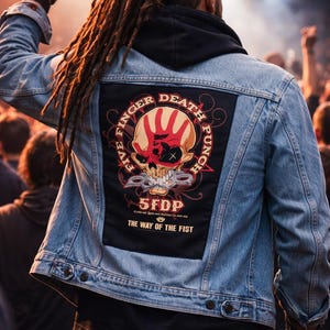 May include: Light blue denim jacket with a black patch featuring a skull and hand graphic, the text "FIVE FINGER DEATH PUNCH", and "5FDP THE WAY OF THE FIST". The jacket is worn at a concert.