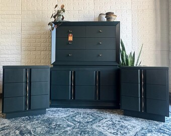 SOLD - Mid-Century Modern American of Martinsville Mahogany Dresser Nightstands: Custom Dark Green