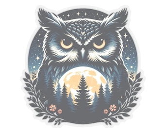 Moonlit Owl Kiss-Cut Sticker | Night Forest, Stars, Floral Wreath