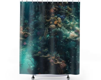 Tenda da doccia con paesaggio marino sottomarino colorato, corallo e pesce, arredamento per il bagno, tenda da bagno con tema oceano, casa sulla spiaggia, casa costiera