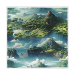 May include: A square sticker featuring a fantasy landscape with mountains, waterfalls, and lush green trees. The artwork has a soft, painterly style with a palette of greens, blues, and whites, evoking a sense of tranquility and adventure. The sticker is bordered by a white frame.
