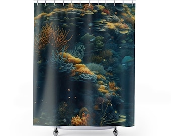 Tenda da doccia con paesaggio marino sottomarino colorato, corallo e pesce, arredamento per il bagno, tenda da bagno con tema oceano, casa sulla spiaggia, casa costiera