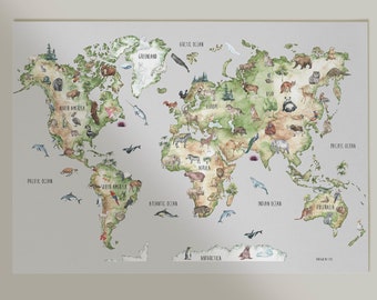 Mapa-múndi em aquarela para crianças com animais, pôster educativo dos continentes, arte de parede para quarto infantil, decoração de geografia para crianças, impressão digital.