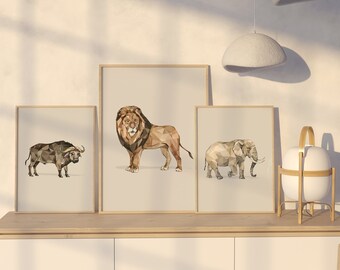 Geometric Animal Poster Set, Lion Elephant Buffalo Wall Art, Modern Minimalist Safari Decor, Watercolor Animal Prints, Digital Download