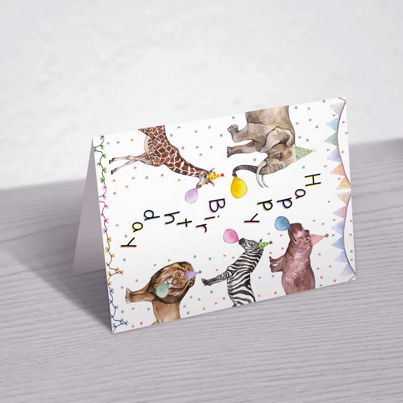 Cartão de Aniversário com Animais de Festa, Animais em Aquarela com Chapéus de Festa, Cartão de Aniversário para Imprimir, Download Instantâneo, Aniversário Infantil imagem 7