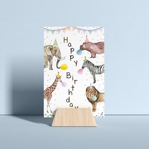 Cartão de Aniversário com Animais de Festa, Animais em Aquarela com Chapéus de Festa, Cartão de Aniversário para Imprimir, Download Instantâneo, Aniversário Infantil imagem 6