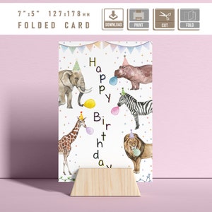 Cartão de Aniversário com Animais de Festa, Animais em Aquarela com Chapéus de Festa, Cartão de Aniversário para Imprimir, Download Instantâneo, Aniversário Infantil imagem 3
