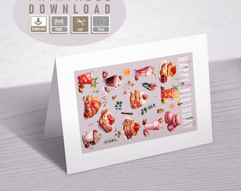 Cartão de Aniversário com Tema de Doces e Guloseimas, Arte de Parede em Aquarela com Doces, Cartão Imprimível para Celebração Doce, Download Instantâneo, Tema de Doces
