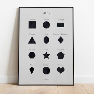 May include: A framed poster with the word "SHAPES" at the top. The poster displays various black shapes, including a square, circle, triangle, and star, each labeled with its name in black text. The poster is on a light gray background.