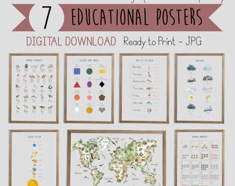 Set Of Educational Posters, 7 Homeschool Prints, Montessori Classroom Decor, Rainbow Kids Decor, Toddler Playroom Boho, Digital Download