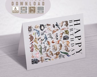 Cartão de aniversário com animais em aquarela, ilustração fofa de animais da floresta, cartão de felicitações para imprimir, download instantâneo, cartão para festa infantil.