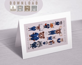 Cartão para o Dia dos Pais, Animais em Aquarela de Terno, Cartão com Animais Elegantes, Presente para o Dia dos Pais para Imprimir, Download Instantâneo