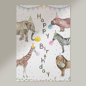 Cartão de Aniversário com Animais de Festa, Animais em Aquarela com Chapéus de Festa, Cartão de Aniversário para Imprimir, Download Instantâneo, Aniversário Infantil imagem 2