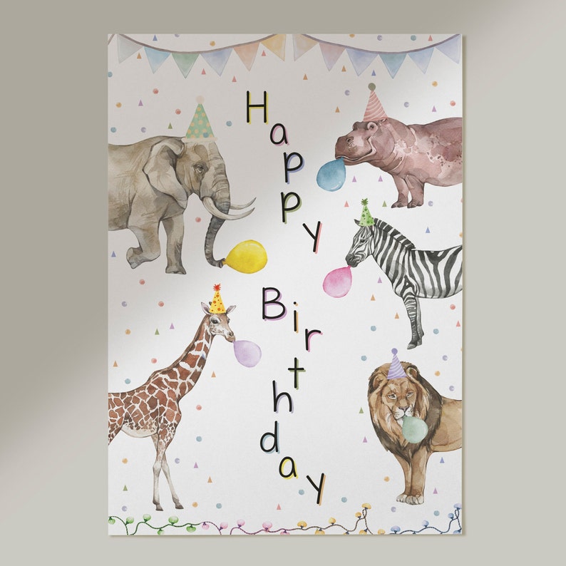 Cartão de Aniversário com Animais de Festa, Animais em Aquarela com Chapéus de Festa, Cartão de Aniversário para Imprimir, Download Instantâneo, Aniversário Infantil imagem 2