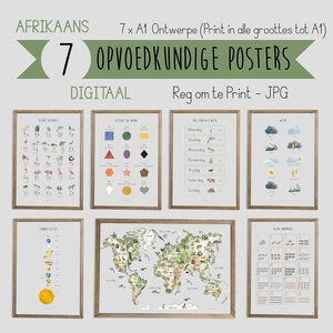 Op de afbeelding: Zeven printbare educatieve posters in het Afrikaans, met een wereldkaart, alfabet, kleuren, dagen van de week, weer en getallen. De posters zijn ontworpen voor kinderen en zijn beschikbaar in digitaal formaat.