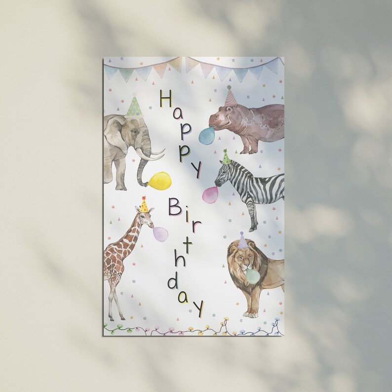Cartão de Aniversário com Animais de Festa, Animais em Aquarela com Chapéus de Festa, Cartão de Aniversário para Imprimir, Download Instantâneo, Aniversário Infantil imagem 10