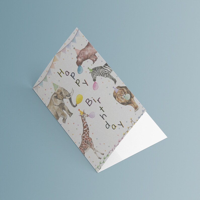 Cartão de Aniversário com Animais de Festa, Animais em Aquarela com Chapéus de Festa, Cartão de Aniversário para Imprimir, Download Instantâneo, Aniversário Infantil imagem 5