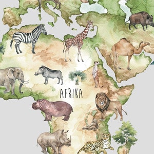 Op de afbeelding: Waterverf wereldkaart met Afrikaanse dieren. De kaart bevat een zebra, giraf, olifant, leeuw en neushoorn. Het woord "AFRIKA" staat op de kaart. De kaart is geschilderd in tinten groen, bruin en grijs.