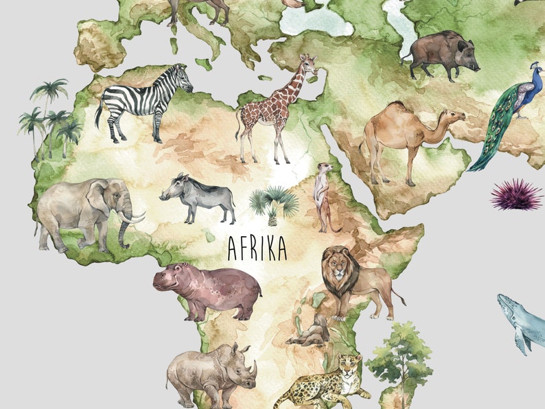 Op de afbeelding: Waterverf wereldkaart met Afrikaanse dieren. De kaart bevat een zebra, giraf, olifant, leeuw en neushoorn. Het woord "AFRIKA" staat op de kaart. De kaart is geschilderd in tinten groen, bruin en grijs.