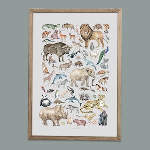 May include: A framed print featuring watercolor illustrations of various animals, including a lion, elephant, giraffe, and panda. The artwork showcases a diverse collection of wildlife, with a light gray background and a wooden frame.