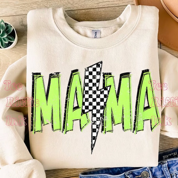 Checkered Mama PNG Neon Grunge, Neon Mama Png, Lime Green Mom Life Digital,Cool Mom PNG,Bright Mama Sublimation,Checkered Lightning Bolt DTF