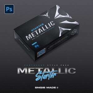 May include: A black rectangular box labeled STARTER METALLIC with silver metallic graphic accents. The box features the text METAL STEEL CHROME FX LAYER STYLES and a blue Ps logo. Below the box, the text reads PHOTOSHOP STYLE PACK METALLIC Starter.