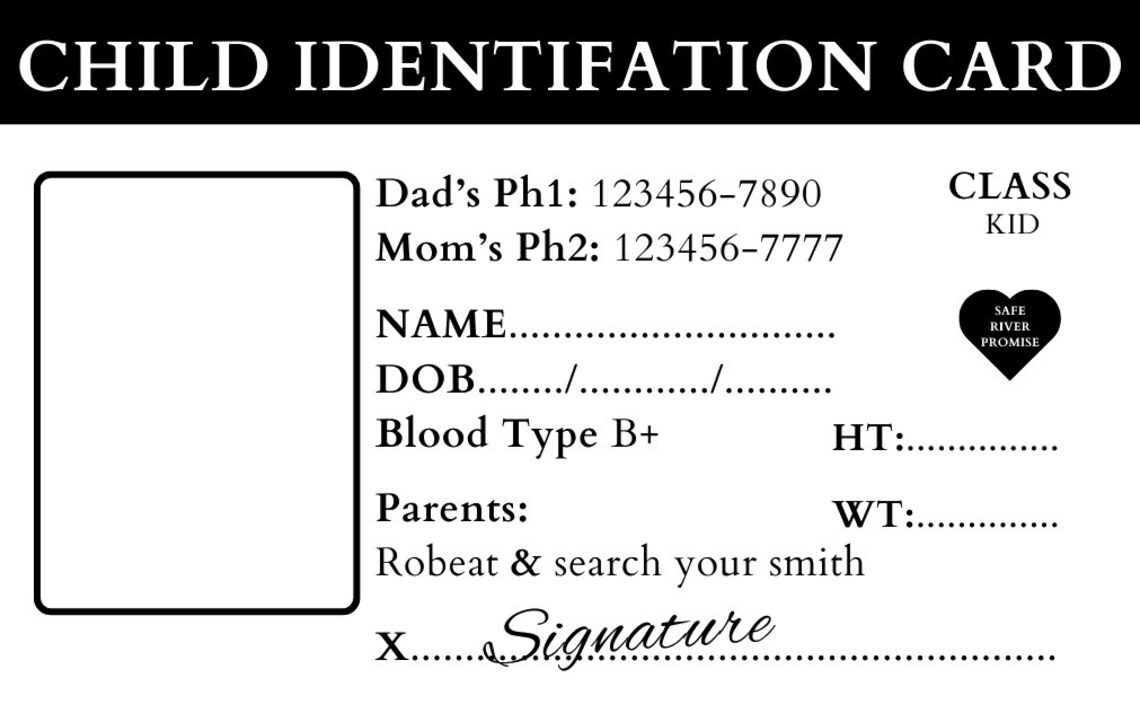 Child Identification Card Template, Custom Kid ID Card Template, Remove ...