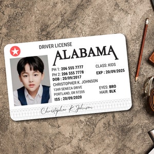 Editable Kid Novelty Driver License Child Safety Identification Card for Children Alabama template