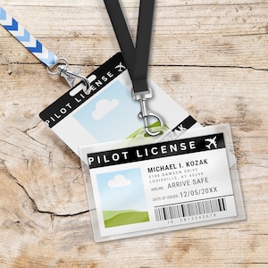 Licencia de piloto, Tarjeta de identificación de piloto, Plantilla de licencia de piloto, Juego de simulación de piloto, Tarjeta con el nombre del piloto, Plantilla para fiesta de cumpleaños de piloto